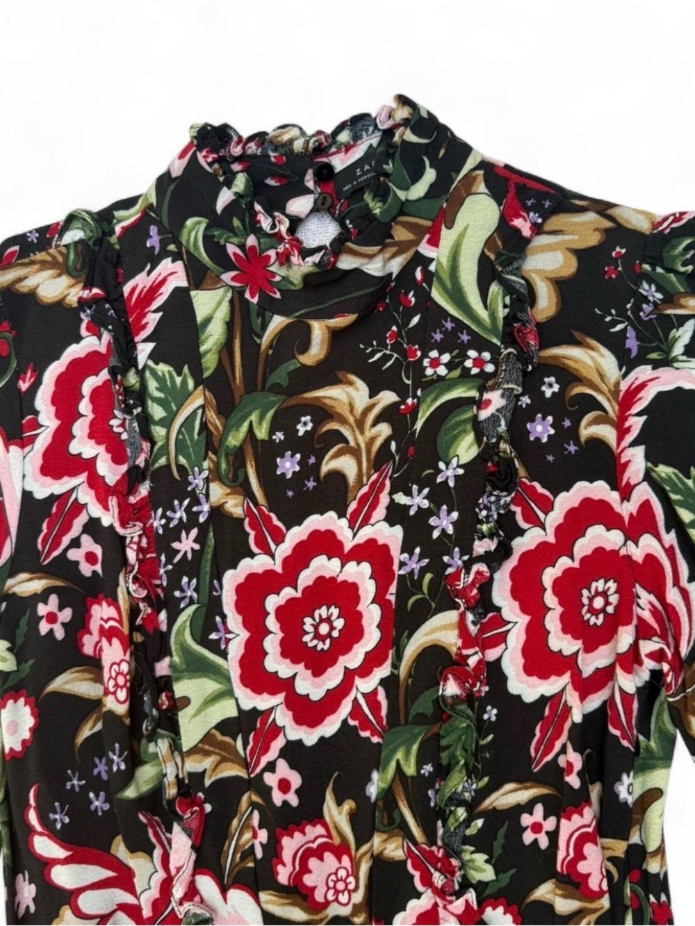 Zara Black Dress with Red & Pink Floral Print lace and ruffle details - Picture 2 of 8